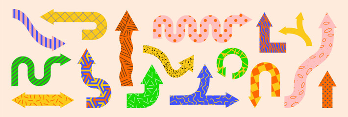 Colorful arrows. Retro quirky hand drawn textures, abstract cartoon icon art, grunge geometric lines, brush patterns. Pointers for presentation or infographic. Vector design illustration set