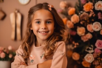 Fototapeta premium smiling little girl looking at camera in living room decorated with flowers