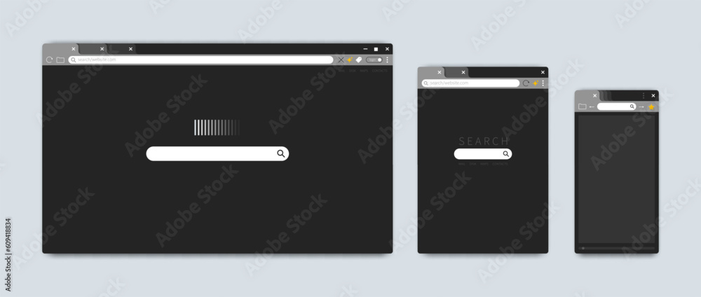 Poster Mac browser windows. Screen web interface for Apple or Chrome. Dark design. URL address and search tab bar. Empty frame. Menu option button. Vector computer or mobile UI template set