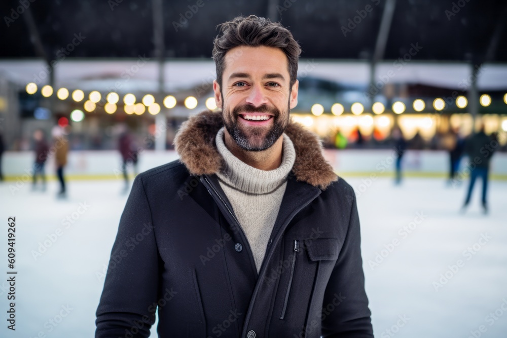 Canvas Prints Medium shot portrait photography of a pleased man in his 30s that is wearing a chic cardigan against an ice rink or winter sports background . Generative AI