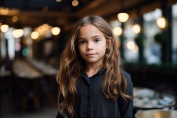 Portrait of a cute little girl with long hair in a cafe.