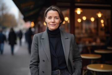Medium shot portrait photography of a pleased woman in her 40s that is wearing a sleek suit against a parisian or european cafe background . Generative AI