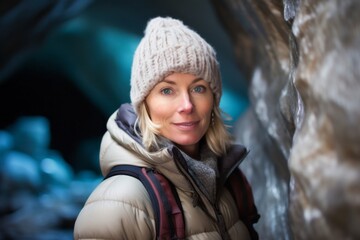 Fototapeta na wymiar Portrait of a beautiful woman in winter jacket and hat in a cave