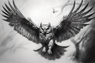 A black and white drawing of an owl. Generative AI.