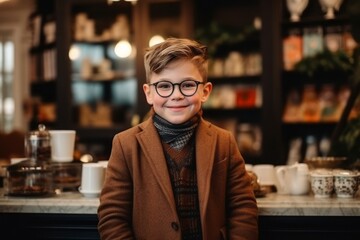 Portrait of a smiling boy in glasses and a coat in a cafe