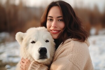 Beautiful young woman with cute white dog in winter park. Winter vacation