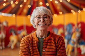 Obraz premium Portrait of smiling senior woman in eyeglasses standing at amusement park
