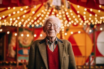 Obraz premium Elderly man in eyeglasses standing in amusement park.