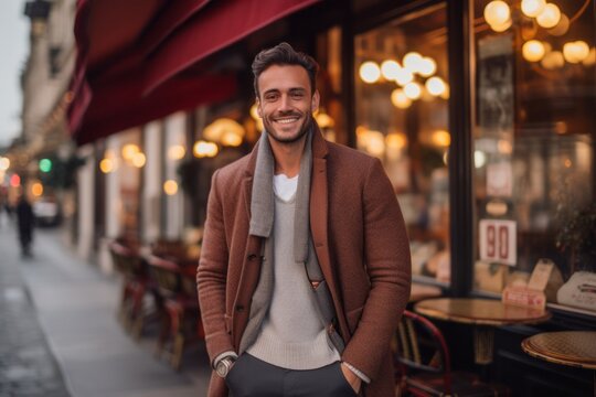 Medium Shot Portrait Photography Of A Grinning Man In His 30s That Is Wearing A Chic Cardigan Against A Parisian Or European Cafe Background . Generative AI