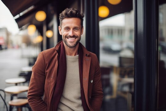 Medium Shot Portrait Photography Of A Grinning Man In His 30s That Is Wearing A Chic Cardigan Against A Parisian Or European Cafe Background . Generative AI