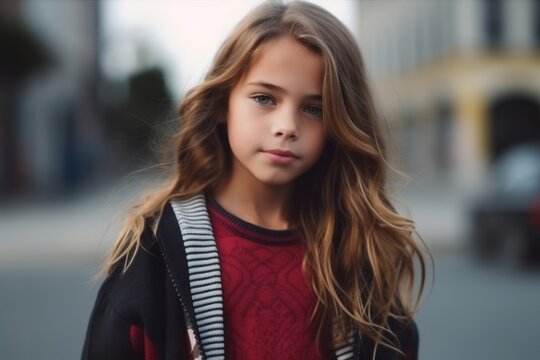 Medium shot portrait photography of a satisfied child female that is wearing a chic cardigan against a skateboarding or bmx background . Generative AI