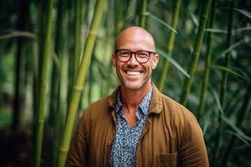 Portrait of a smiling middle-aged man standing in a bamboo forest