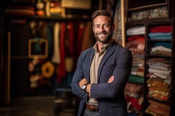 Obraz premium Portrait of handsome man standing with arms crossed in a textile shop