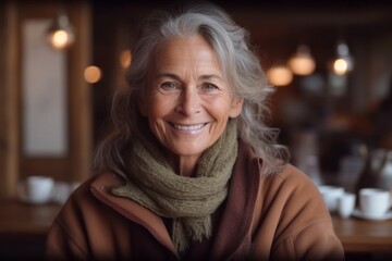 Portrait of smiling senior woman in winter clothes looking at camera in cafe