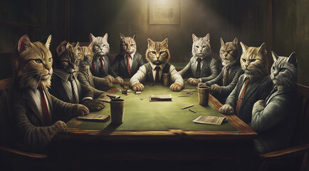 Mafia cats, illustration of cats and suits around a business table. Generative AI.