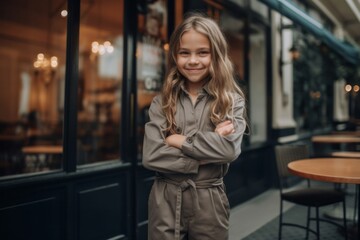 Obraz na płótnie Canvas Medium shot portrait photography of a satisfied child female that is wearing a trendy jumpsuit against a parisian or european cafe background . Generative AI