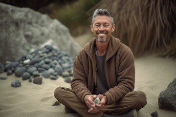 Portrait of smiling senior man sitting on the beach and meditating