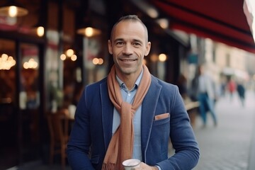 Medium shot portrait photography of a satisfied man in his 40s that is wearing a chic cardigan against a parisian or european cafe background . Generative AI