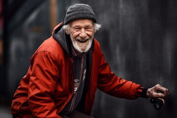 Obraz na płótnie Canvas Medium shot portrait photography of a pleased man in his 90s that is wearing a chic cardigan against a skateboarding or bmx background . Generative AI