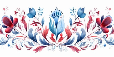 Fototapeta na wymiar digital illustration, horizontal botanical pattern, red blue folklore floral motif isolated on white background, watercolor texture, fantasy design, modern fashion, Generative AI
