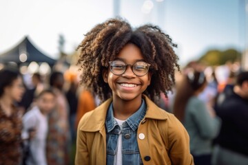 Fototapeta premium young afro american woman with curly hair and glasses at music festival
