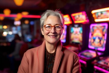 Portrait of a smiling senior woman in a casino with slot machines