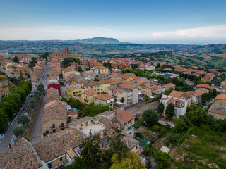 Italy, June 02, 2023: aerial view of the beautiful village of Recanati which gave birth to Giacomo...