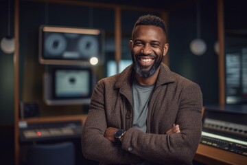Portrait of smiling african american man standing with arms crossed in recording studio