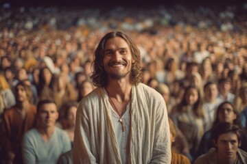 Crowd of people on concert, rear view. Handsome young man with long hair and beard in a white shirt