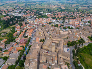 Italy, June 02, 2023: aerial view of the beautiful village of Recanati which gave birth to Giacomo...