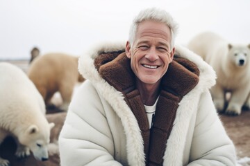 Medium shot portrait photography of a grinning man in his 50s that is wearing a chic cardigan against a polar bear or arctic wildlife background . Generative AI
