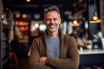 Obraz premium Medium shot portrait photography of a grinning man in his 40s that is wearing a chic cardigan against a cozy coffee shop with baristas making drinks background . Generative AI