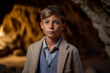 Fototapeta premium Portrait of a boy in a cave, looking at the camera
