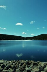 lake in the forest with a rocky shore