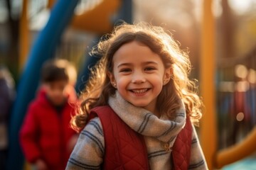 Portrait of a cute little girl smiling on the playground in autumn