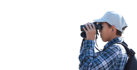 Asian boy in cap and plaid shirt holding binoculars isolated on white background with clipping paths.
