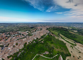 Italy, June 02, 2023: aerial view of the beautiful village of Recanati which gave birth to Giacomo...