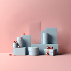 Pink and blue gift wrapped gift boxes on a minimal background. Stage for product design. Baby gender reveal. Generative AI