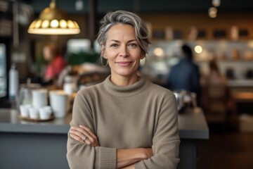 Portrait of smiling mature woman standing with arms crossed in coffee shop