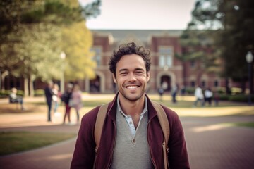 Medium shot portrait photography of a pleased man in his 30s that is wearing a chic cardigan against a lively college campus during a sports event background . Generative AI