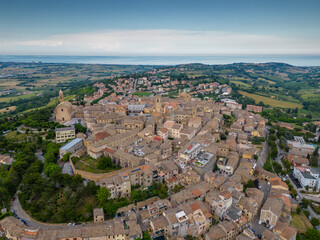 Obraz premium Italy, June 02, 2023: aerial view of the beautiful medieval village of Potenza Picena. The village is located on the Marche hills in the province of Macerata