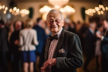 Obraz premium Medium shot portrait photography of a pleased man in his 80s that is wearing a chic cardigan against an elegant ballroom with guests waltzing background . Generative AI