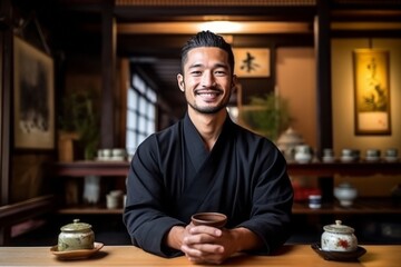 Handsome young Asian man drinking tea in a Japanese tea house