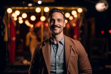 Medium shot portrait photography of a satisfied man in his 30s that is wearing a chic cardigan against a backstage of a theater with costumes and props background . Generative AI - obrazy, fototapety, plakaty