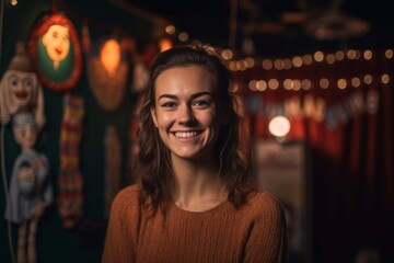 Portrait of a young woman smiling at the camera while standing in a cafe