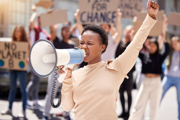 Justice, protest and black woman with megaphone and group shouting loud for justice due to...