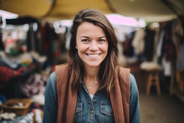 Medium shot portrait photography of a cheerful woman in her 30s that is wearing a chic cardigan against a bustling outdoor flea market background . Generative AI