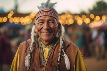 Obraz premium Medium shot portrait photography of a satisfied man in his 50s that is wearing hijab against a traditional native american pow-wow with dancers and drummers background . Generative AI
