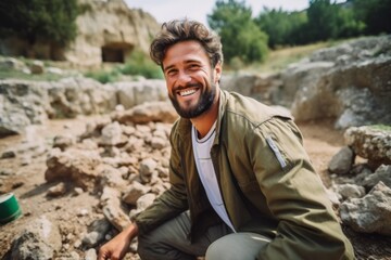 Handsome young man sitting on the ground in the mountains and smiling