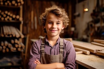 Portrait of a smiling little boy in a carpenter's workshop - obrazy, fototapety, plakaty